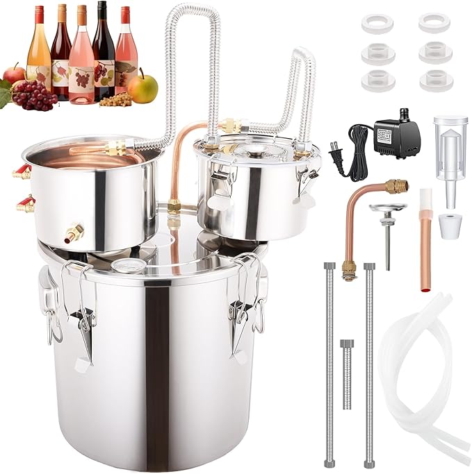 Shine Still 13.2 GAL 3 Pots Distillery Kit for Alcohol Stainless Steel Copper Tube Complete with Thumper Water Pump Metal Thermometer Fermentation Airlock Distilling for Whiskey, Brandy etc.