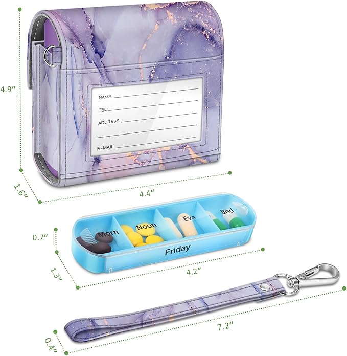 FINPAC Weekly Pill Organizers 4 Times A Day, Slide Open PU Leather Case Travel Pill Vitamin Medicine Reminder and Planner with Name Card for Morning| Afternoon| Evening| Bedtime (Lilac Marble)