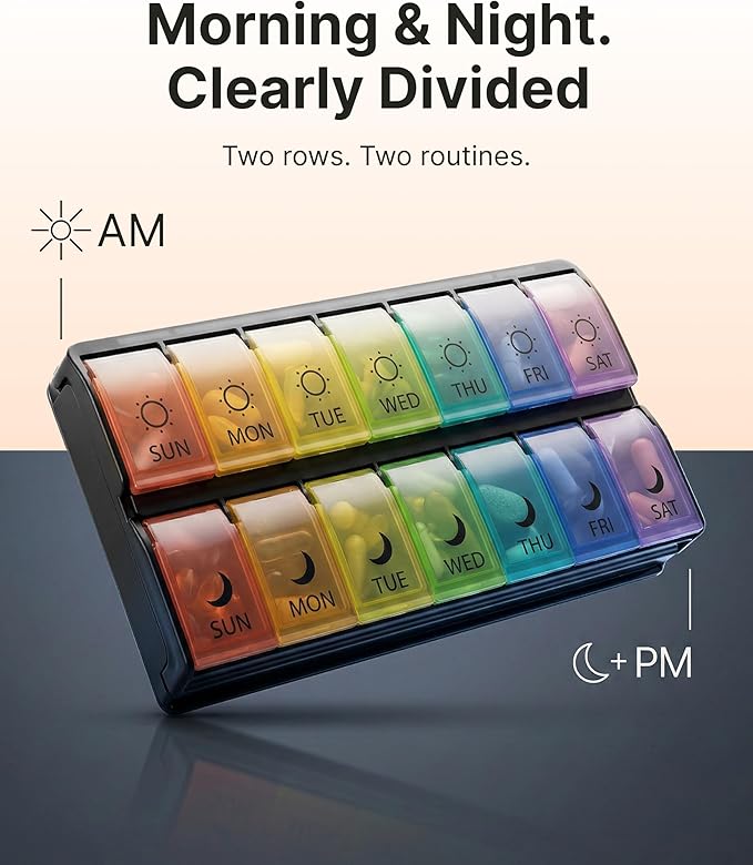 Weekly Pill Organizer 2 Times a Day, AM PM Pillbox 7 Day with Quick-Fill Bottom for Fast Weekly Refills, 14 Large Compartments for Vitamins & Supplements, Color-Coded Morning Night Medicine Case