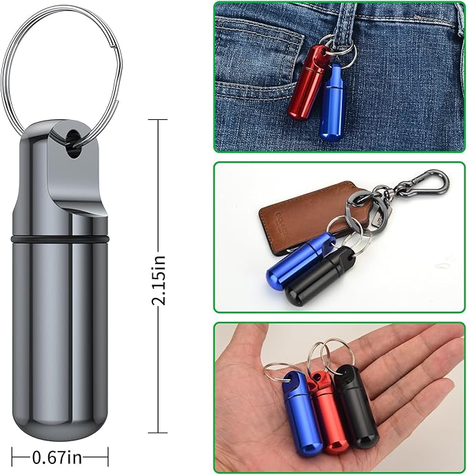 Small Pill Box Keychain, (4 Pack) Portable Keychain Pill Holder Aluminum Alloy Medicine Organizer Mini Metal Pill Case for Purse Waterproof Travel medication Container for Outdoor Camping Travel