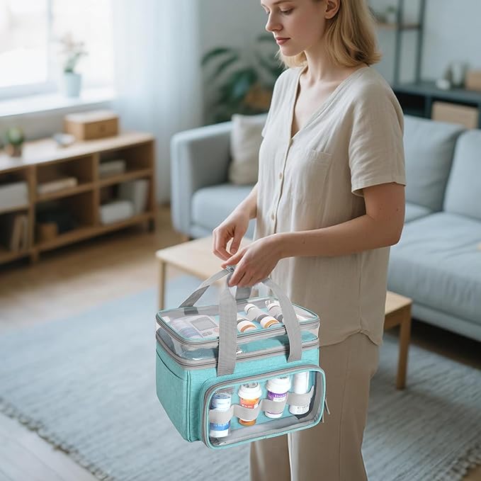 LUXJA Double-Layer Medicine Bag with Transparent Compartment, Pill Bottle Organizer with Detachable Divider (Suitable as a Home or Travel Medicine Bag), Blue