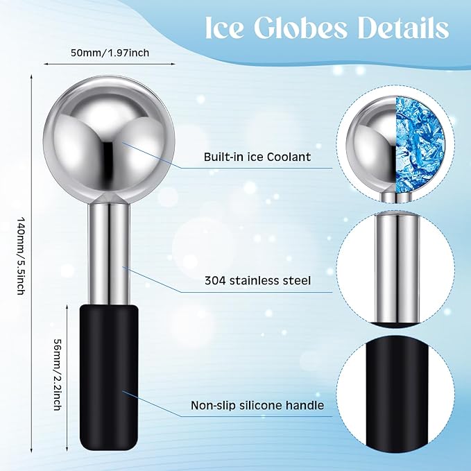 Baderke 2 Pcs Ice Globes for Face Stainless Steel Cooling Globes Unbreakable Cooling Roller Women Ice Balls Cryo Sticks Facials Skin Care for Dark Circles, Puffiness(Silver (Black Handle))