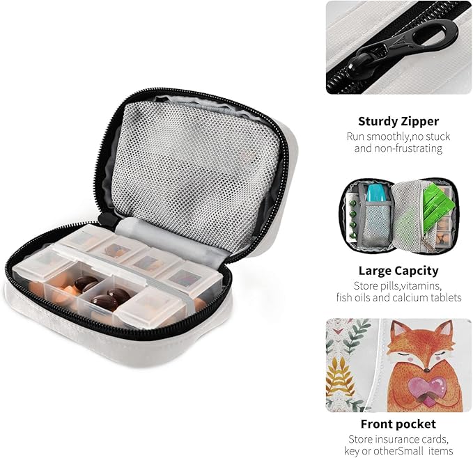 Fox Holding Heart Pill Box 7 Day Pill Case Bag Travel Pill Organizer Bag with Zipper Pill Bag Portable Weekly Case Compact Size for Vitamin Supplement Holder