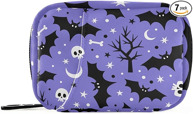 Halloween Bats Pill Box 7 Day Pill Case Travel Pill Organizer Bag with Zipper Portable Weekly Vitamin Medicine Supplement Holder Pouch Bag
