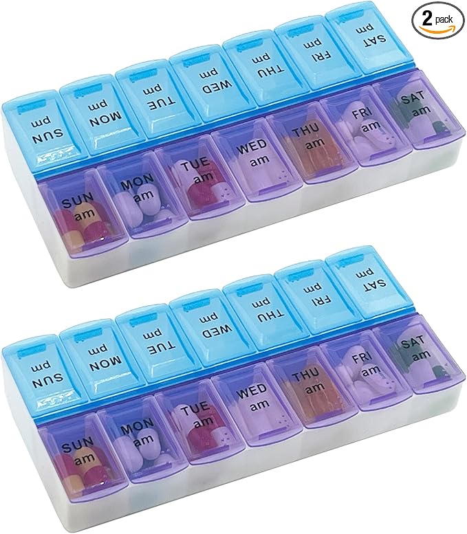 MEDca Pill Organizers - Small Pill Organizer with Weekly and Daily 2-Times-A-Day Compartments for AM/PM - BPA-Free, Portable and Travel Friendly Pill Boxes Case (2-Pack)