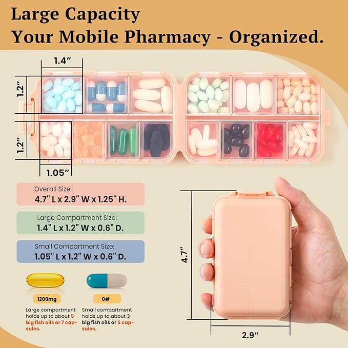 Travel Pill Organizer with Bulk Stickers & Labels - Small & Portable Week Daily Medicine Pharmacy for Pocket, Bag - 14-Compartment Foldable Supplement Box Holder for Fish Oil Vitamin - Pink