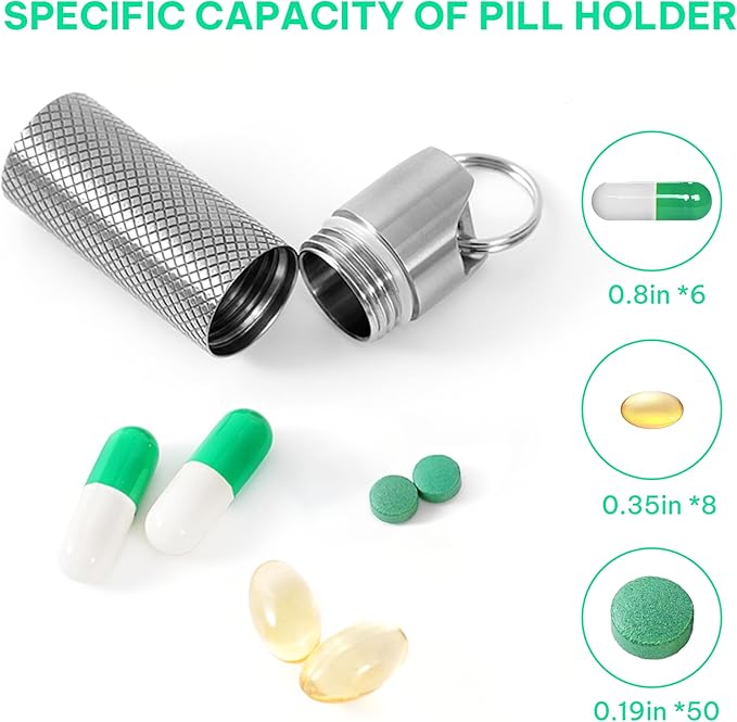 TISKY Portable Titanium Keychain Pill Holder(2pack), Pill Key Chain Container Waterproof,Pill Case Small Mini for Travel, Pill Box Container,Pill Bottles for Pocket Outdoor Camping