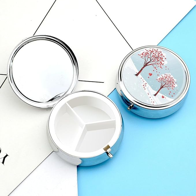 Heart Shaped Leaf Tree Pill Box Travel Pill Case for Purse Pocket Weekly Medicine Organizer with Mirror 3 Compartment Round Medicine Case Portable PillcaseHolder for Daily