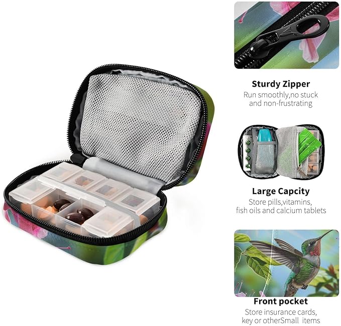 Pill Box Hummingbird Flower Bird 7 Day Pill Case Travel Pill Organizer Bag with Zipper Portable Weekly Vitamin Medicine Supplement Holder Pouch Bag