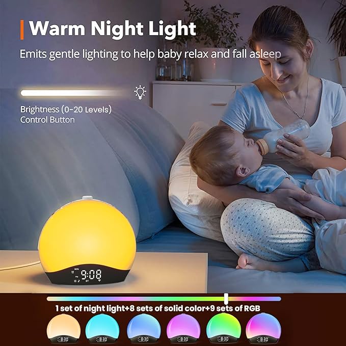 Sunrise Alarm Clock Wake Up Light, Kids Hatch Alarm Clock, Bluetooth White Noise Machine with 22 Soothing Sounds, 17 Color Night Lights, Sunrise Simulation, Dual Alarms, FM Radio, Snooze, Ideal Gift