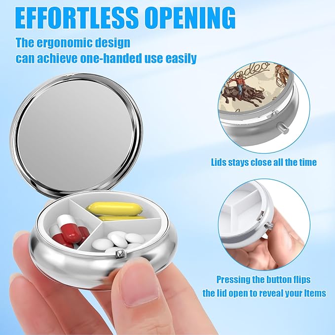Pill Box, 3 Compartments Small Pill Case Travel Portable Metal Medicine Box with Mirror Mini Container for Purse Pocket Women Men（Vintage Western Cowboy）