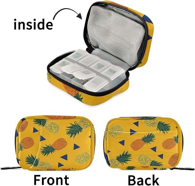 Cute Yellow Pineapples and Triangles Travel Pill Organizer Case Box Container Weekly Portable Vitamin Medicine Holder Storage Bag with Zipper Removable
