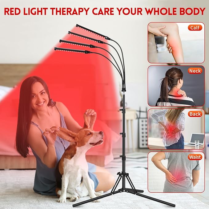 Red Light Therapy Lamp, Red Light Therapy Device for Body with 4 Heads, 660nm & 850nm Adjustable Infrared Lights Angle Lamp with Adjustable Stand, Portable for Full Body Muscle Joint Home Use