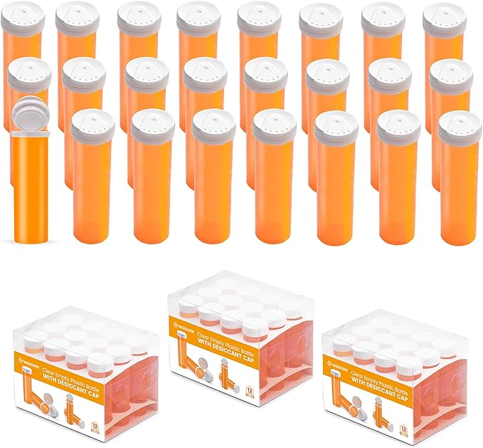 Pill Bottle with Desiccant Cap, Medicine Bottle, Pill Bottles Empty with Caps, Empty Pill Bottles (11 Dram, 36 Pack)