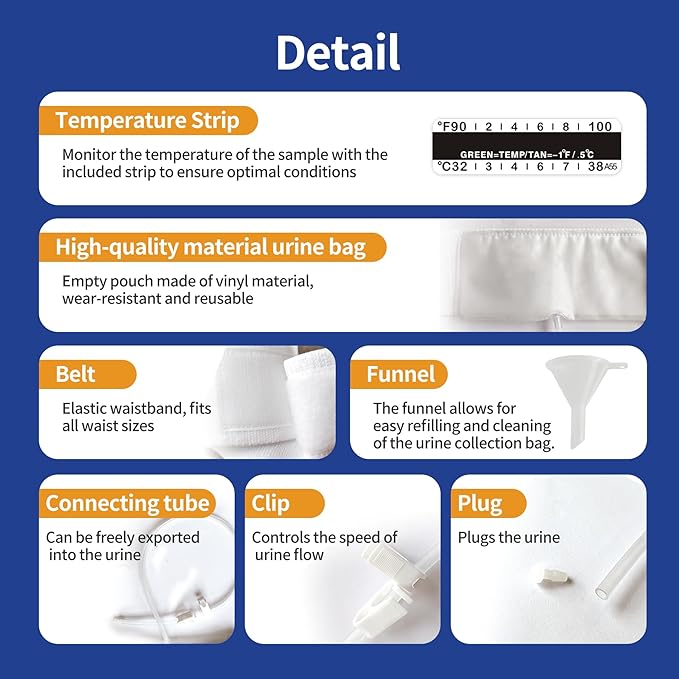 Urine Test Complete Kit - 2 oz to 4 oz Sample Bag on Belt,Portable Urine Test Bags with Temperature Strip for Used for Hospitals, Emergency and Travel