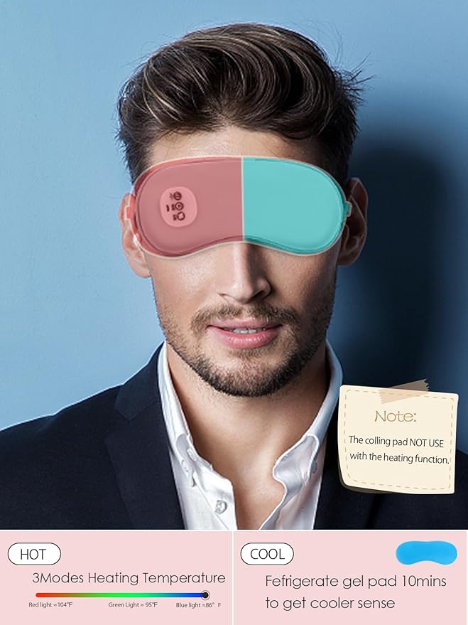 Heated Eye Mask Cordless Warm Compress for Dry Eyes, Eye Massager Sleep Eye Mask with Heat -3 Temperature, Auto-Off Timer, Cooling Gel Relief, Relaxing No Pressure Eye Cover for Men Women Gift (Grey)
