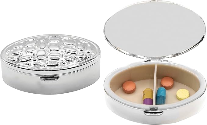Set of 2 Oval-Shaped Pocket Purse Pill Box & Organizer with Dual Compartments (Silver Lattice)