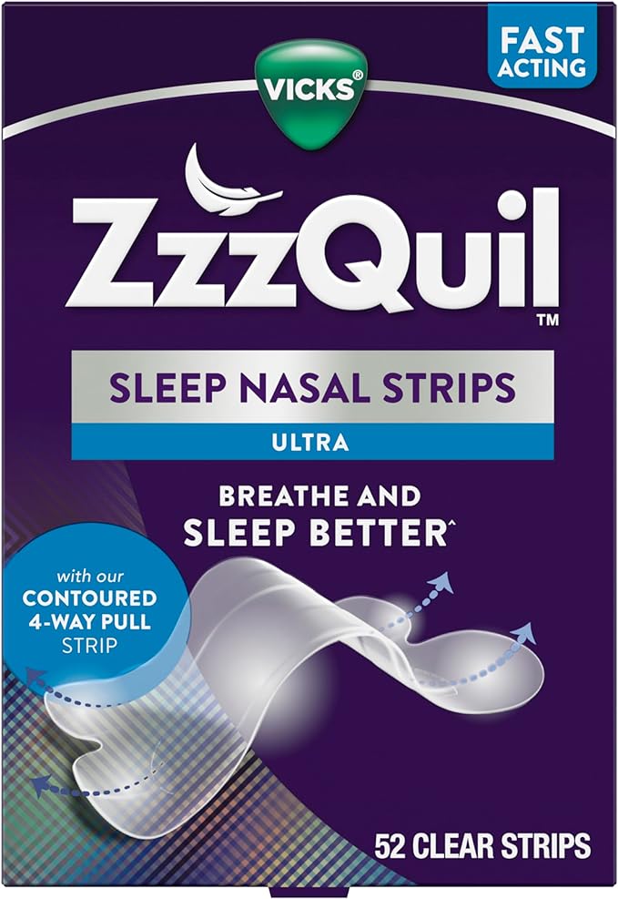 ZzzQuil Sleep Nasal Strips, Clear Nasal Strips, Snoring Relief from Nasal Congestion, Works Instantly, Reduces Nasal Congestion for Less Snoring and Better Sleep, Drug Free, 52 Nasal Strips