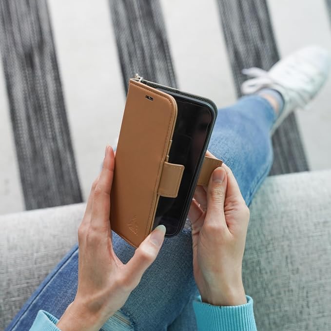 DefenderShield EMF Protection & 5G Anti Radiation Compatible with iPhone 14 Plus Case - RFID Blocking EMF Shield Detachable Wallet Case with Magnetic Closure (Brown)