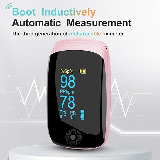 Fingertip Pulse Oximeter with Respiration Rate Monitoring, SpO2, Heart Rate, PI & RR Measurements, Blood Oxygen Rechargeable OLED Display with 6 Modes & 4-Way Rotatable Screen (Pink)