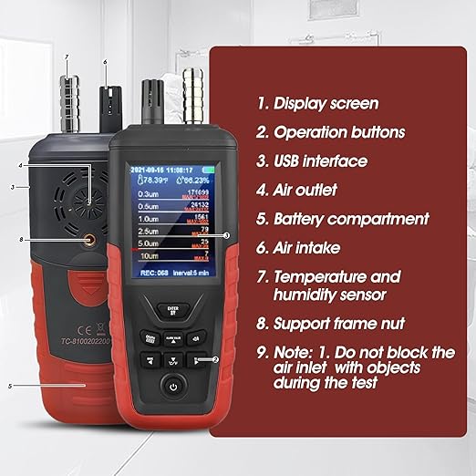 Air Quality Monitor Dust Particle Counter Indoor, Home Air Quality Sensitivity Test 6-Channel Pm0.3/0.5/1.0/2.5/5/10 Um Tester with Temperature/Humidity Monitor/USB Recharge Data Transfer/Storage