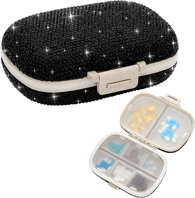Soleebee Portable 8 Compartments Daily Pill Organizer, Bling Crystal Diamond Pill Box, Small Travel Pill Case, Pill Dispenser, Medicine Container Organizer to Hold Vitamin, Fish Oil (Black)