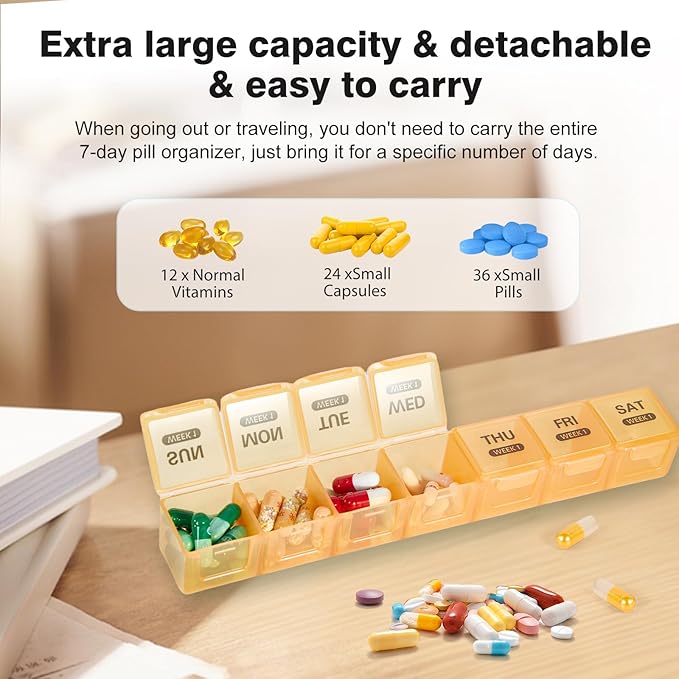 Monthly Pill Organizer, Once a Day, 4 Weeks a Month, 28 Days in a Large Pill Box, Portable for Travel, can Hold a Large Amount of Vitamins, Supplements, Fish Oil, and Medication (White)