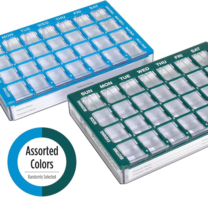 Ezy Dose Weekly (7-Day) Pill Case, Medicine Planner, Vitamin Organizer Box, Small Compartments with Easy Fill Tray, 4 Times a Day, Clear Lids, Color May Vary, BPA Free