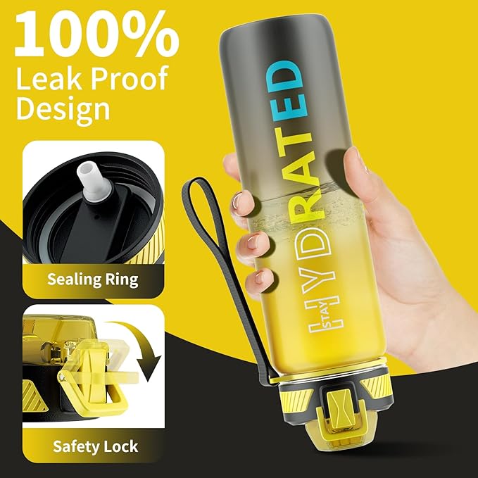 Water Bottle with Straw, 32oz Motivational Water Bottles with Time Marker to Drink, Tritan BPA Free, 1L Sports Water Bottle with Carry Strap LeakProof for Women Gym Fitness Outdoor (1 Pack)