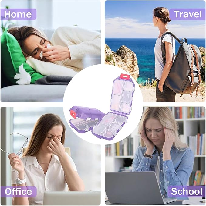 Travel Pill Organizer Portable Pocket Pill Case Small Pill Box for Purse Medicine Organizer Have 10 Compartments Storage Vitamin Fish Oil by INVODA (Purple)