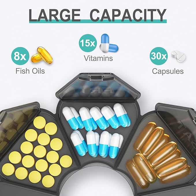 Enlarged Weekly Pill Organizer 7 Day, Daily Pill Box with Never Faded Etched 3D Date Labels, Travel Pill Case with Large Compartment for Medication, Vitamin, Fish Oil, Supplements-Grey