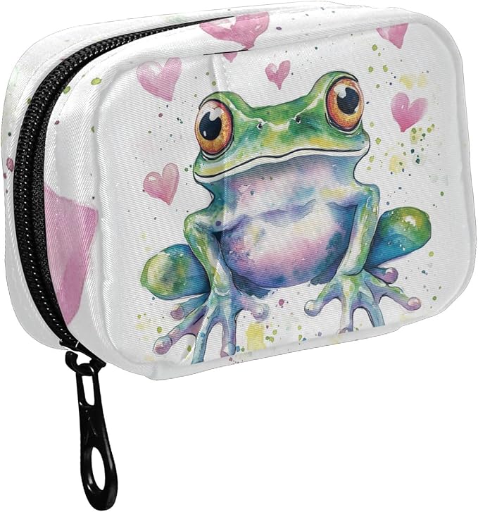 Fustylead Watercolor Vivid Frog and Pink Hearts Travel Pill Case Bag with Zipper Weekly Pill Box 8 Compartments 7 Day Personal Pill Case Purse Medicine Case Organizer