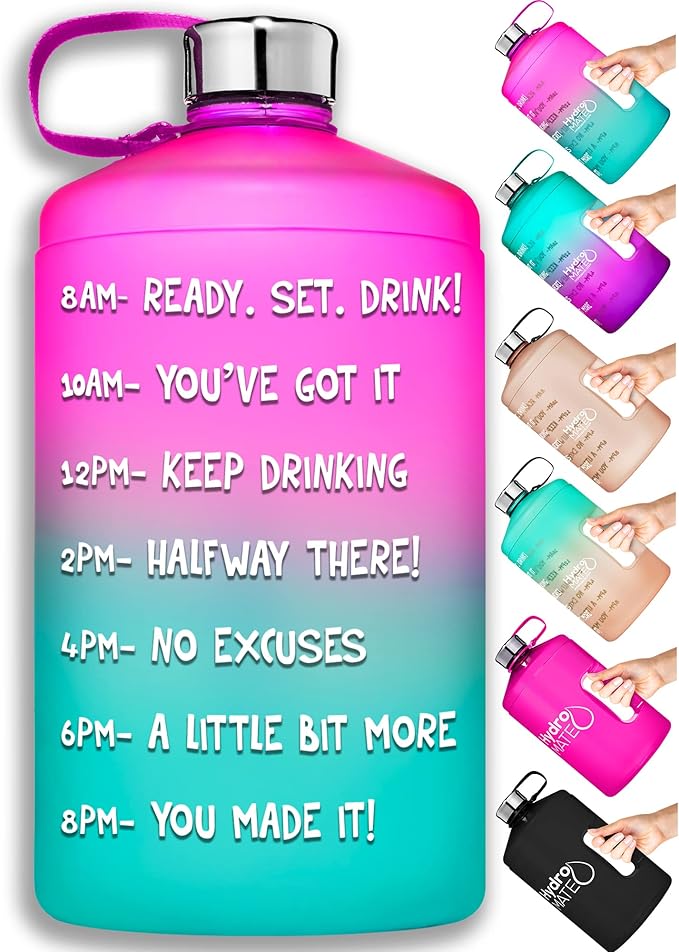 NatureWorks HydroMATE 1/2 Gallon Water Bottle with Times to Drink BPA Free Leak Proof Reusable Jug with Handle 64 oz (Pink Aqua)