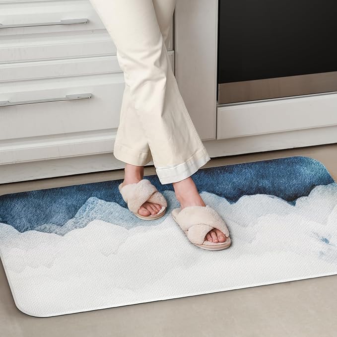 QIYI Floor Comfort Mat 1 Piece Kitchen Rug PVC Leather Waterproof Oil Proof Non Skid Laundry Ergonomic Standing Mat Anti Fatigue Foam Padded Area Doormat 17" W x 29" L - Blue White Watercolor Mountain