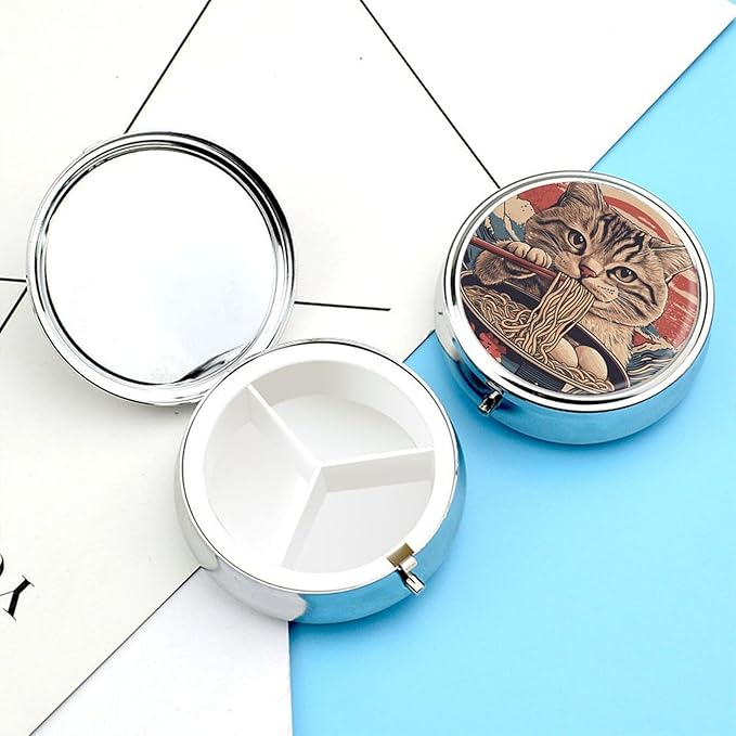 Transparent 3-Compartment Medicine Pill Case, Portable Round Pill Box for Pocket or Purse, Decorative Metal Medicine Vitamin Organizer. (A cat Eating Noodles)