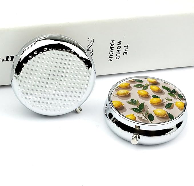 Lemon Pattern Pill Box Travel Pill Case for Purse Pocket Weekly Medicine Organizer with Mirror 3 Compartment Round Medicine Case Portable PillcaseHolder for Daily
