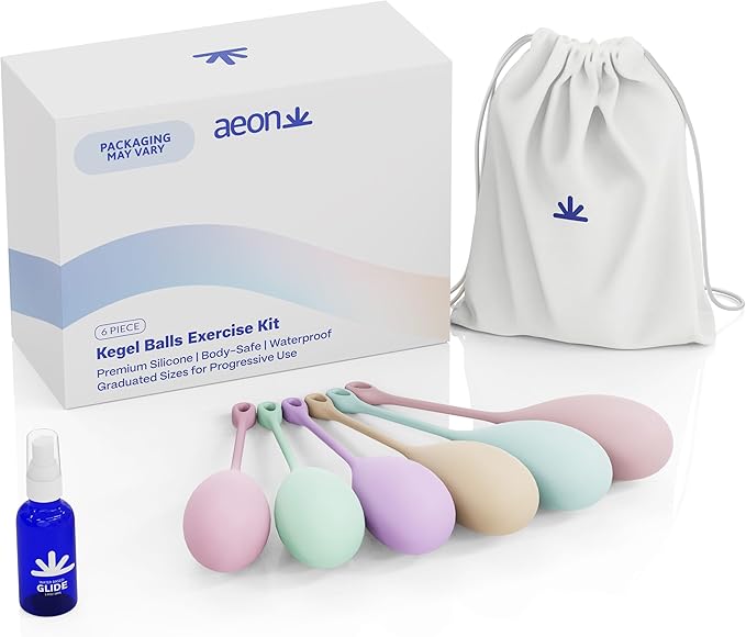 AEON Kegel Exercise Balls Set – 6 Progressive Silicone Pelvic Floor Trainers. Body-Safe, Soft & Flexible. Includes Storage Bag & 1.3 Oz AEON Personal Glide - $10 Value – Beginner to Advanced