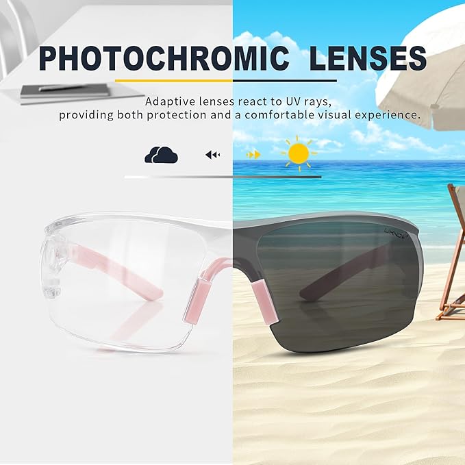 UKNOW Photochromic Safety Glasses, Scratch Resistant Wraparound Lenses, Removable Foam Gasket, ANSI Z87.1 Protective Eyewear
