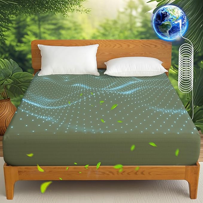 Ivellow Grounding Sheets King 10% Pure Silver Fiber 90% Organic Cotton Sheets King Size 16” Deep Pocket Soft Breathable Grounded Sheet Earth Connected Bedding Fitted Sheet with Grounding Cord Green