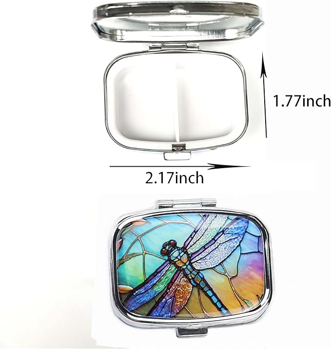 WATASSA Pill Box with Animal Style Mirror All-in-One 2-Compartment Portable Medicine Organizer, Marble Pattern Travel Pill Case for Vitamins&Daily Medication(Fits Pocket/Purse) (Iridescent Dragonfly)