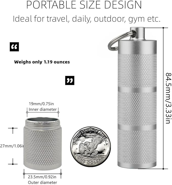 2 Pack Keychain Pill Holder, Black and Sliver