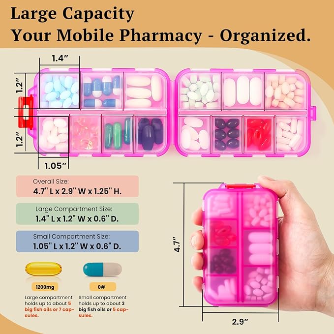 Travel Pill Organizer with Bulk Stickers & Labels - Small & Portable Daily Medicine Pharmacy for Pocket, Bag - 14-Compartment Foldable Supplement Box Holder for Fish Oil Vitamin - Clear Pink