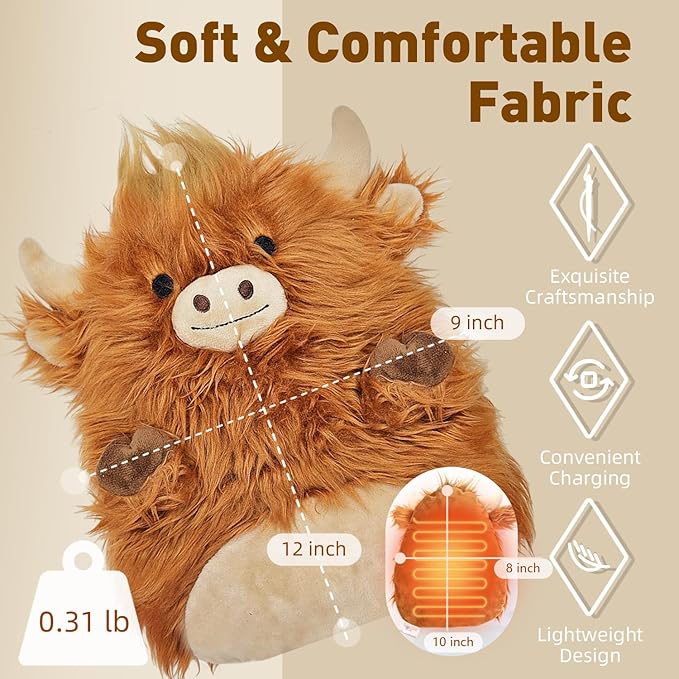 Electric Heating Pad for Menstrual Pain Relief - USB Powered Portable Electric Heat Pads,Cuddly Highland Cow Stuffed Animal, 12x9 Soft Plush for Neck/Back/Shoulder,Gift for Women,One Pack