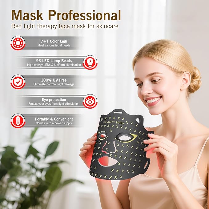 Red Light Therapy for Face, Portable Led Face Mask Light Therapy with Rechargeable Remote, 7 Color Mode Red Light Therapy with 850nm NIR, Home Use Skin Care Device (Black)