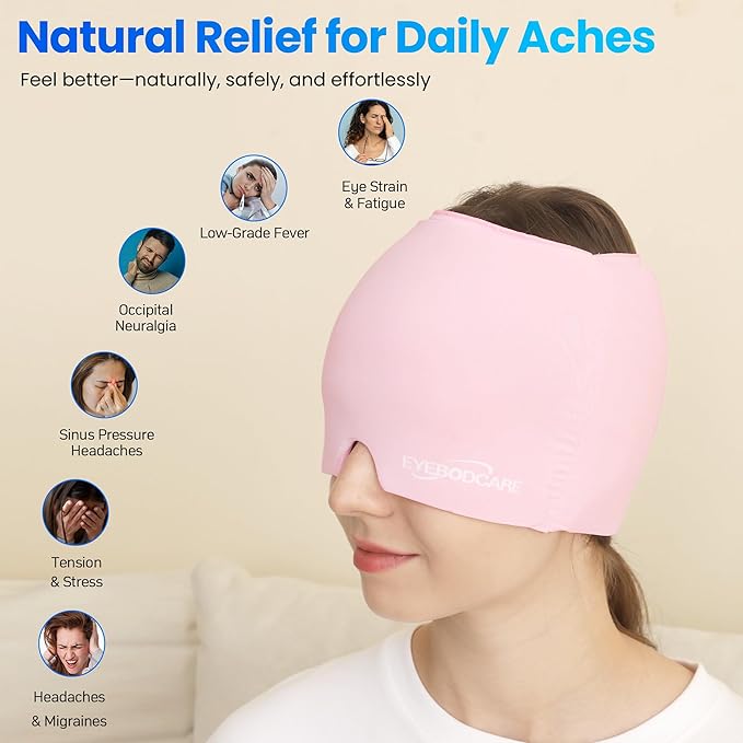 Migraine Relief Cap, Reusable Headache Relief Cap with Hot & Cold Therapy, Soothing Headache Hat, Odorless Gel Ice Head Wrap for Tension, Stress & Sinus, Headache & Puffy Eyes, Pink, 1Pc