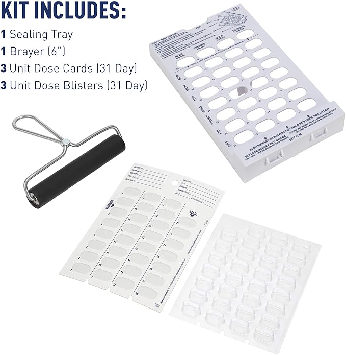 Ezy Dose Disposable (31-Day) Pill, Medicine, Vitamin Organizer Box | Monthly Planner | Kit includes Cards, Tray, Blisters, Brayer