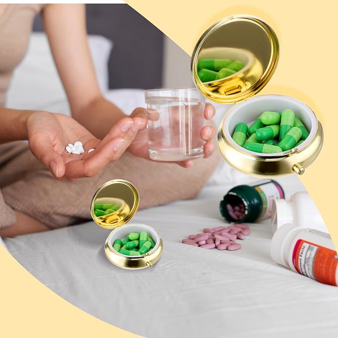 Sibba Portable Medicine Pill Case, Travel Multi-Functional Moisture Proof Pill Box for Purse & Pocket, Cute Metal Medicine Pill Organizer Box for Vitamins, Fish Oil & Supplements (Gold)