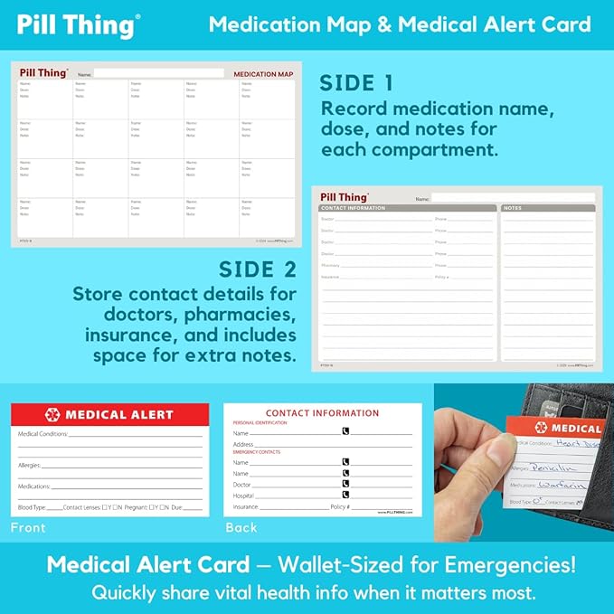 20 Compartment Large Pill Case with Airtight Seal - Silicone Gasket Waterproof Med Box with Medication Map, Medical Alert Card (Black, 1 Pack)