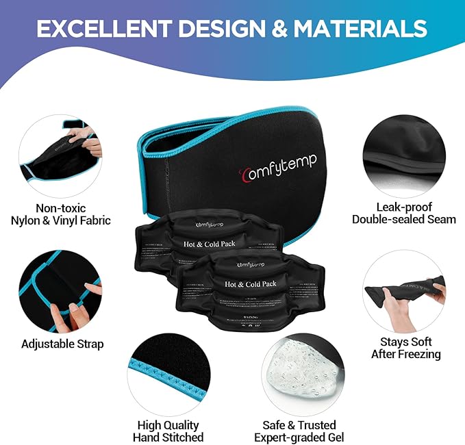 Comfytemp Back Ice Pack Brace, Lumbar Pain Relief Product for Sciatica Ease, 2 Pcs, Gel Lower Back Support Wrap Ice for Injuries Reusable, Hot Cold Compress for Lower Waist (Black)