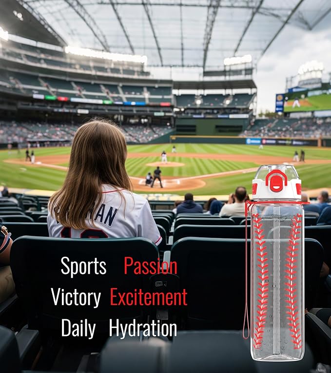 32oz/1L Sport Water Bottle, Light Tritan, Quick-Open Chug Lid/Straw 2-in-1, Leak-Proof, Dishwasher-Safe, BPA-Free, Drop-Resist & Scratch-Resist for Travel/Gym/Office/Fan Gift (Baseball)